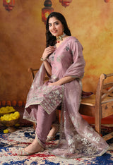 Lilac Purple Tissue Organza Kurta Set with Tulip Salwar & Matching Dupatta