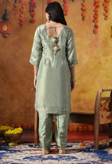 Pistachio Green Tissue Organza Kurta Set with Peach Dupatta & Straight Pants