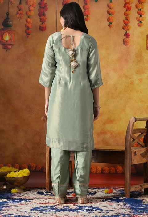 Pistachio Green Tissue Organza Kurta Set with Peach Dupatta & Straight Pants