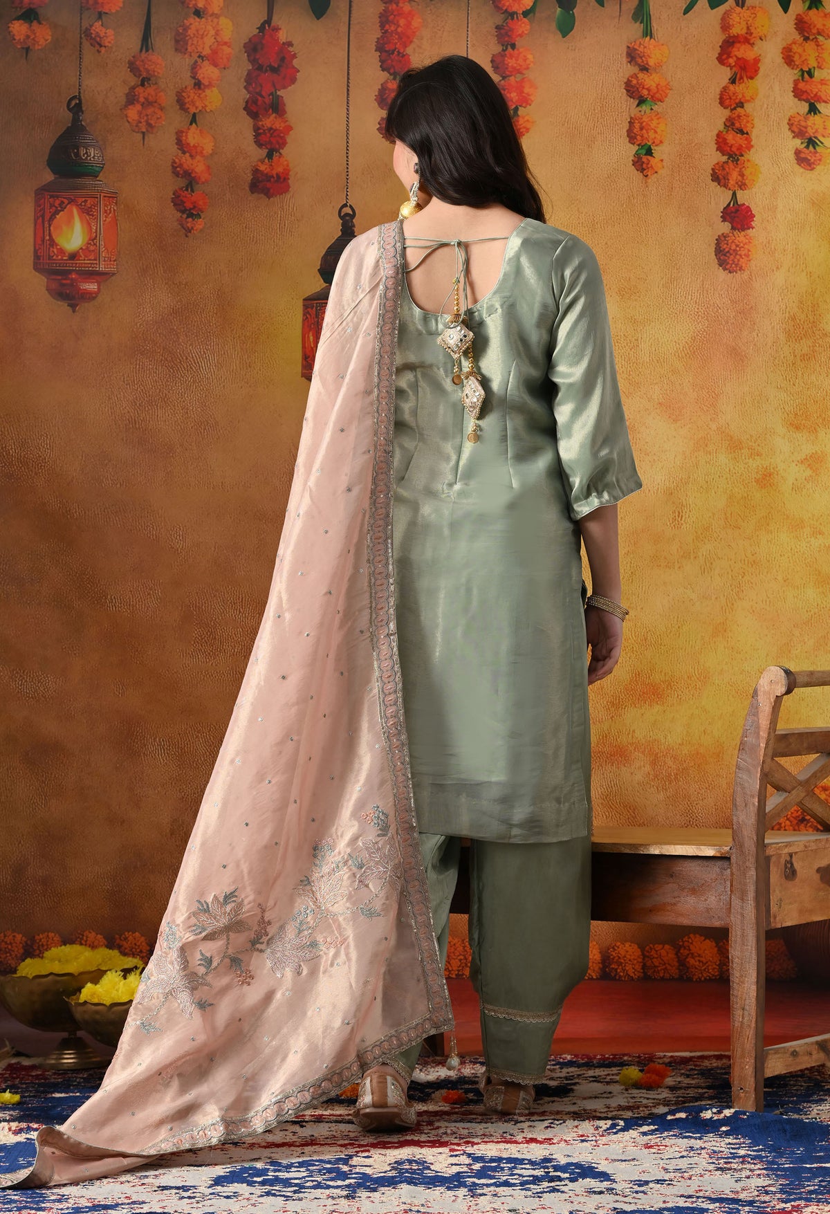 Pistachio Green Tissue Organza Kurta Set with Peach Dupatta & Straight Pants
