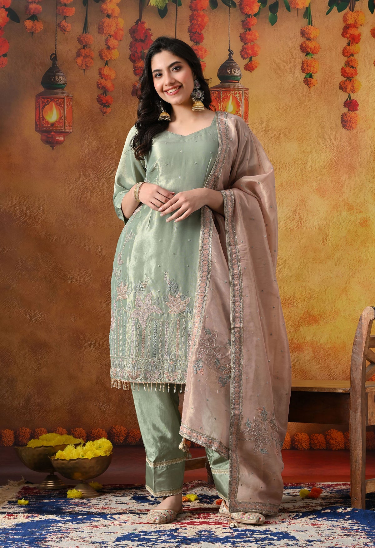 Pistachio Green Tissue Organza Kurta Set with Peach Dupatta & Straight Pants