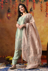 Pistachio Green Tissue Organza Kurta Set with Peach Dupatta & Straight Pants