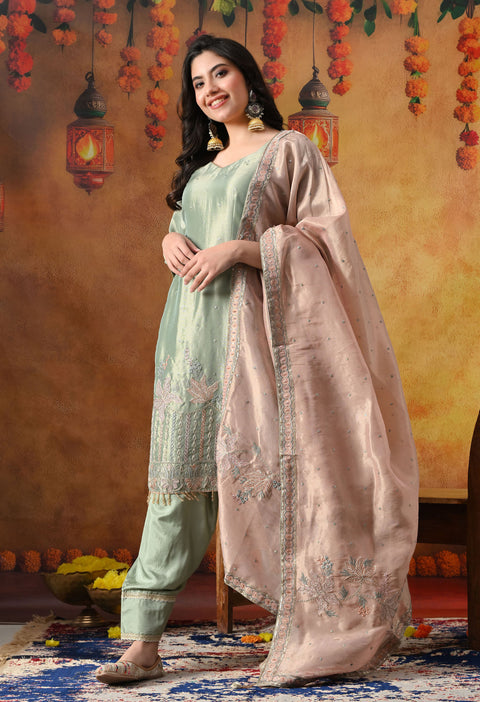 Pistachio Green Tissue Organza Kurta Set with Peach Dupatta & Straight Pants