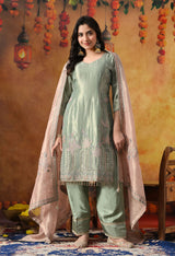 Pistachio Green Tissue Organza Kurta Set with Peach Dupatta & Straight Pants