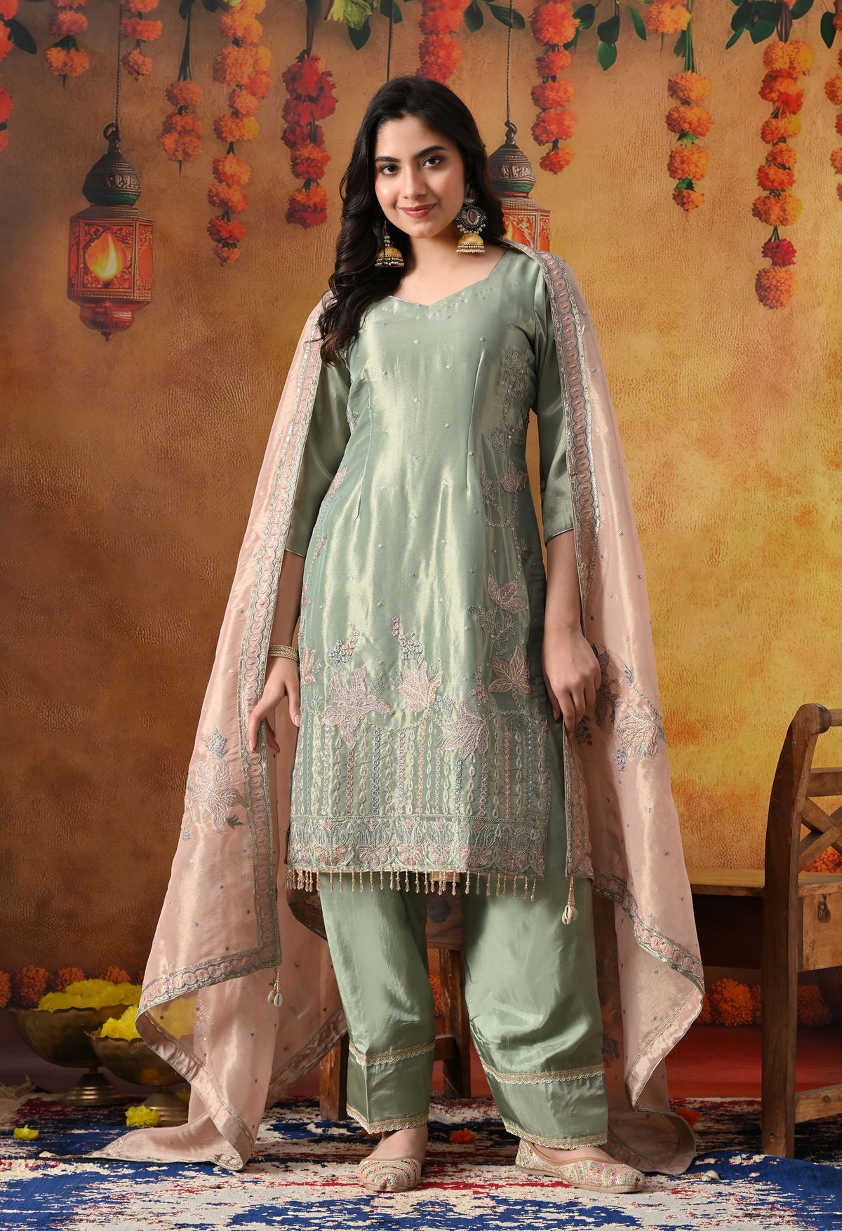 Pistachio Green Tissue Organza Kurta Set with Peach Dupatta & Straight Pants