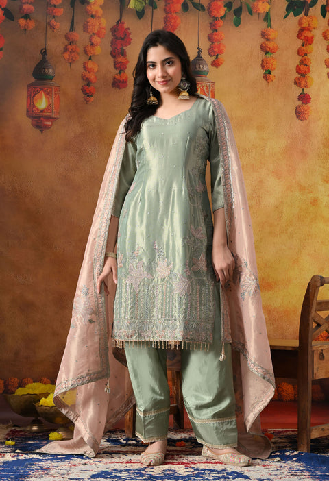 Pistachio Green Tissue Organza Kurta Set with Peach Dupatta & Straight Pants