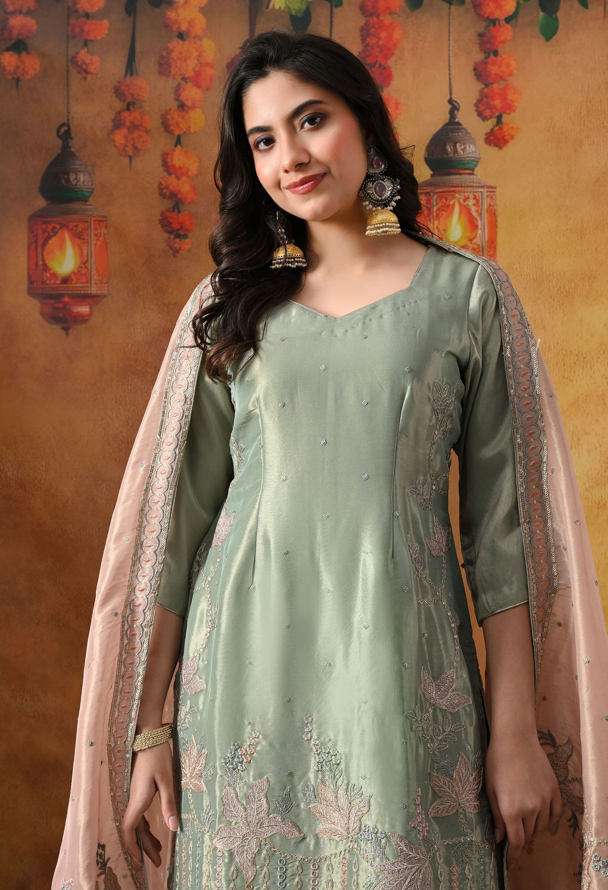 Pistachio Green Tissue Organza Kurta Set with Peach Dupatta & Straight Pants