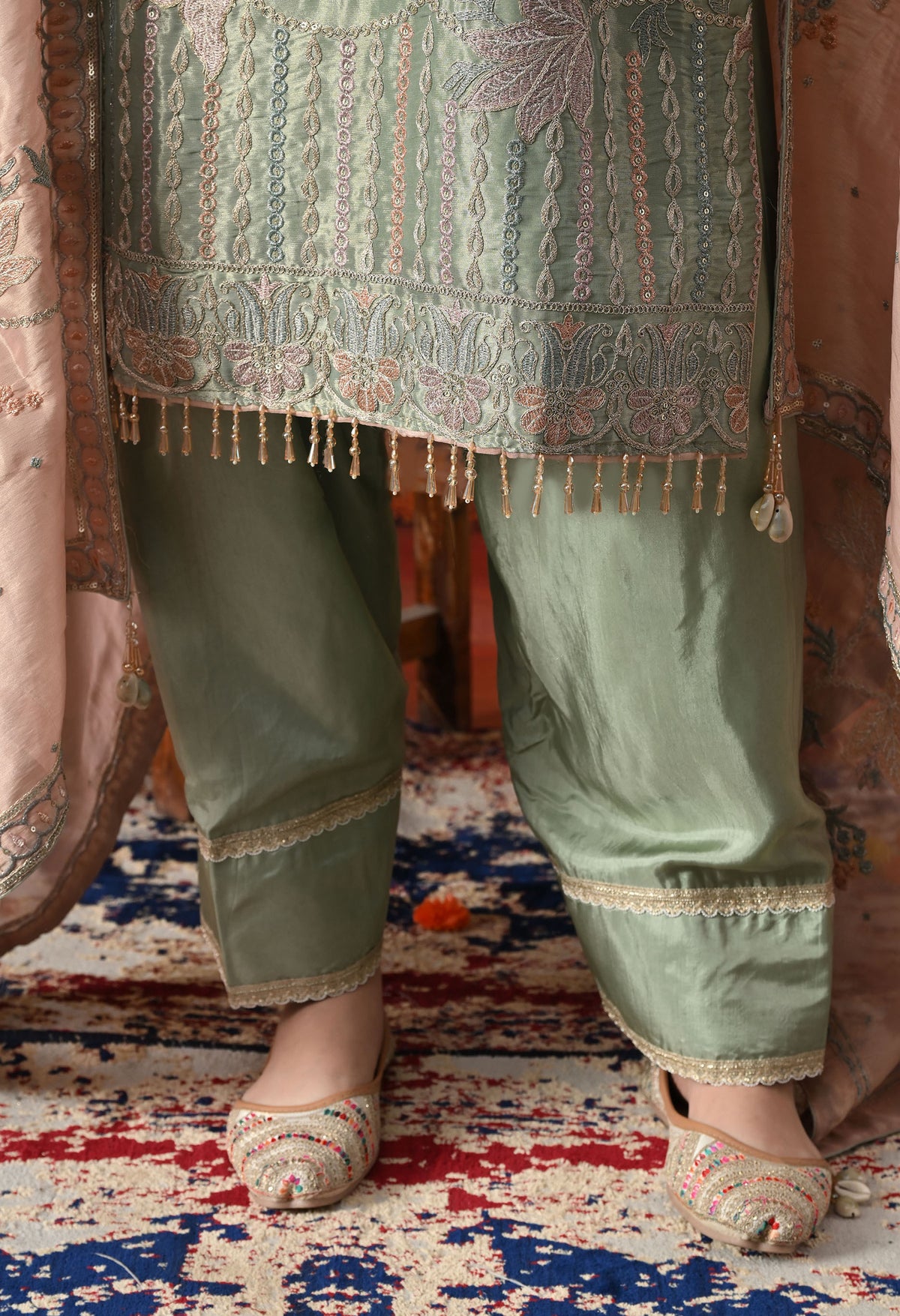 Pistachio Green Tissue Organza Kurta Set with Peach Dupatta & Straight Pants