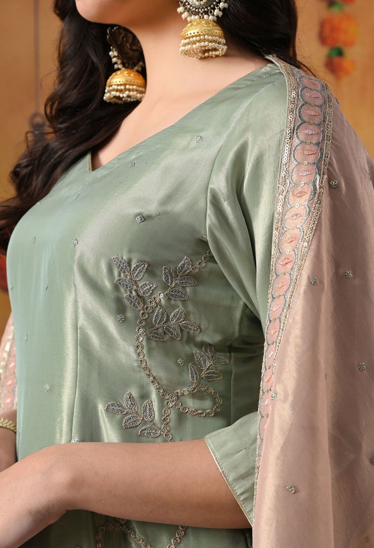 Pistachio Green Tissue Organza Kurta Set with Peach Dupatta & Straight Pants