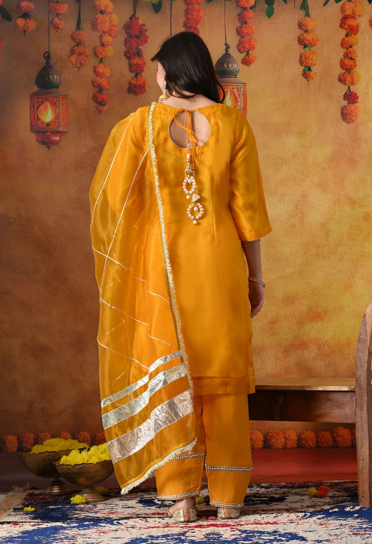 Orangeish Yellow Tissue Organza Kurta Set with Farshi Salwar
