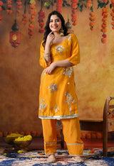 Orangeish Yellow Tissue Organza Kurta Set with Farshi Salwar