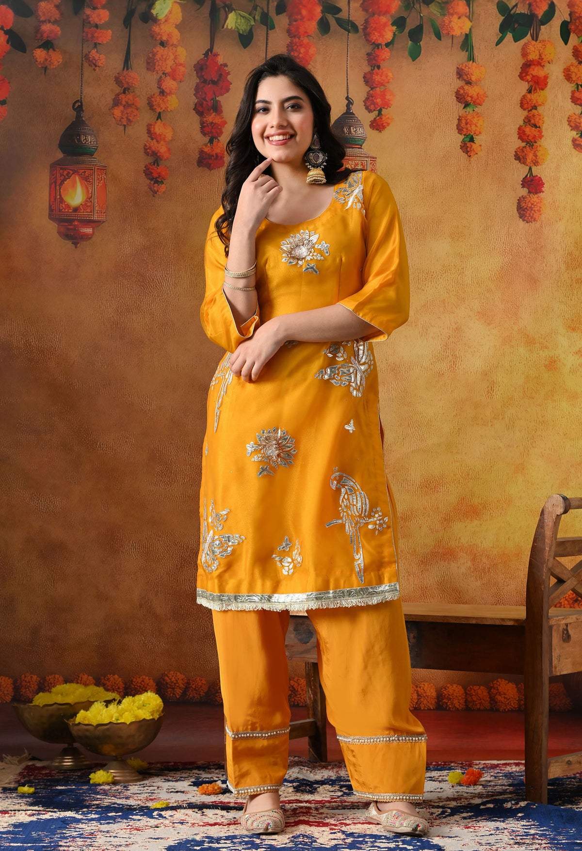 Orangeish Yellow Tissue Organza Kurta Set with Farshi Salwar