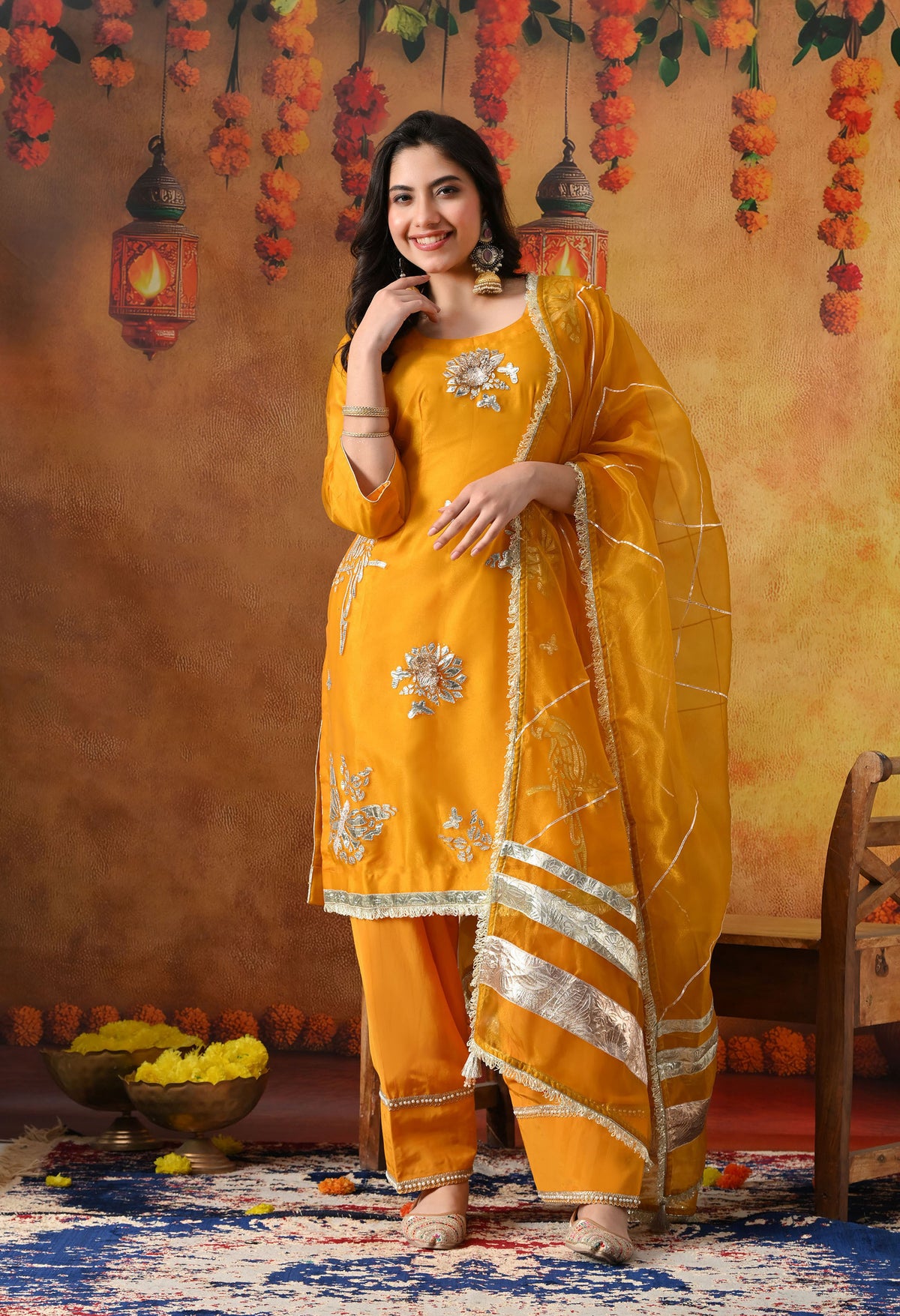 Orangeish Yellow Tissue Organza Kurta Set with Farshi Salwar