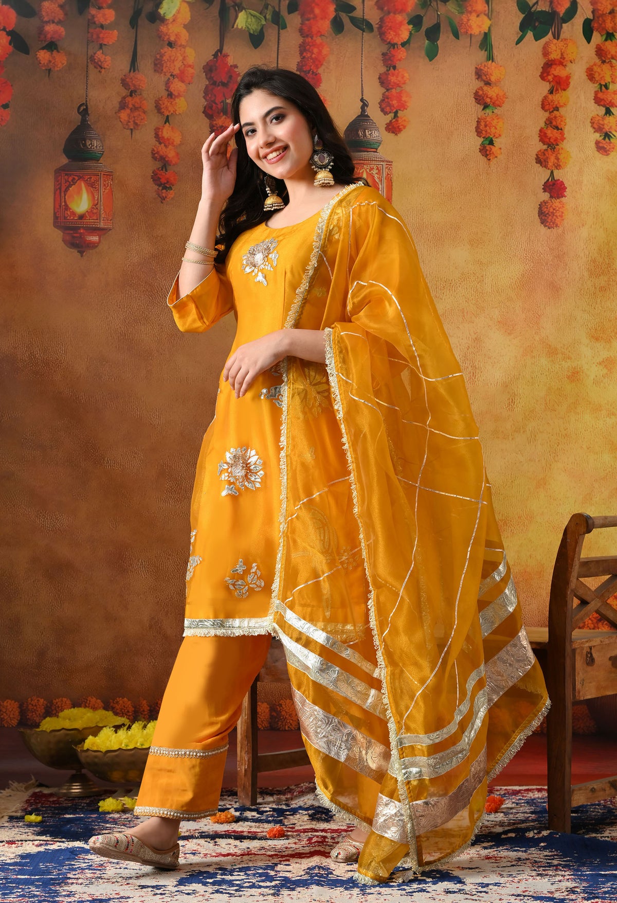 Orangeish Yellow Tissue Organza Kurta Set with Farshi Salwar
