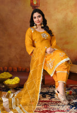 Orangeish Yellow Tissue Organza Kurta Set with Farshi Salwar