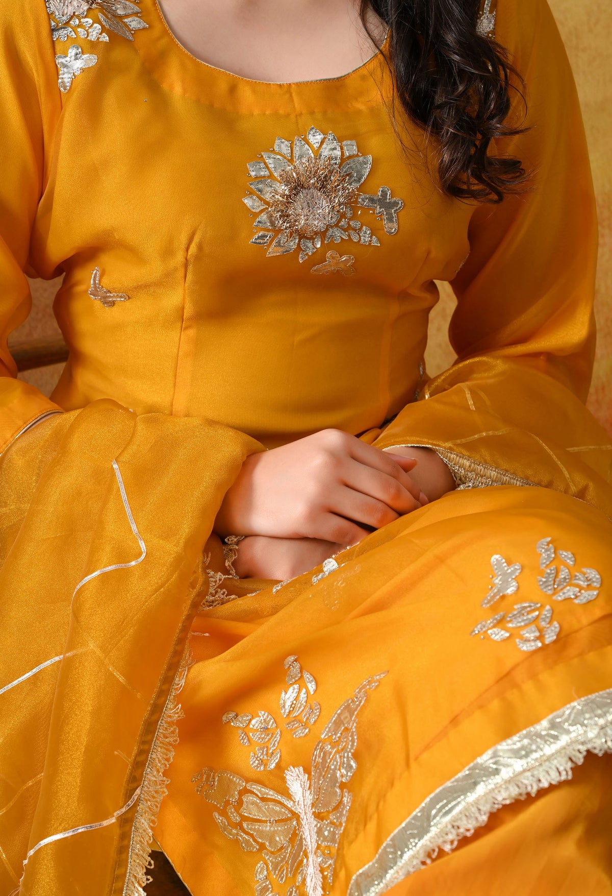 Orangeish Yellow Tissue Organza Kurta Set with Farshi Salwar