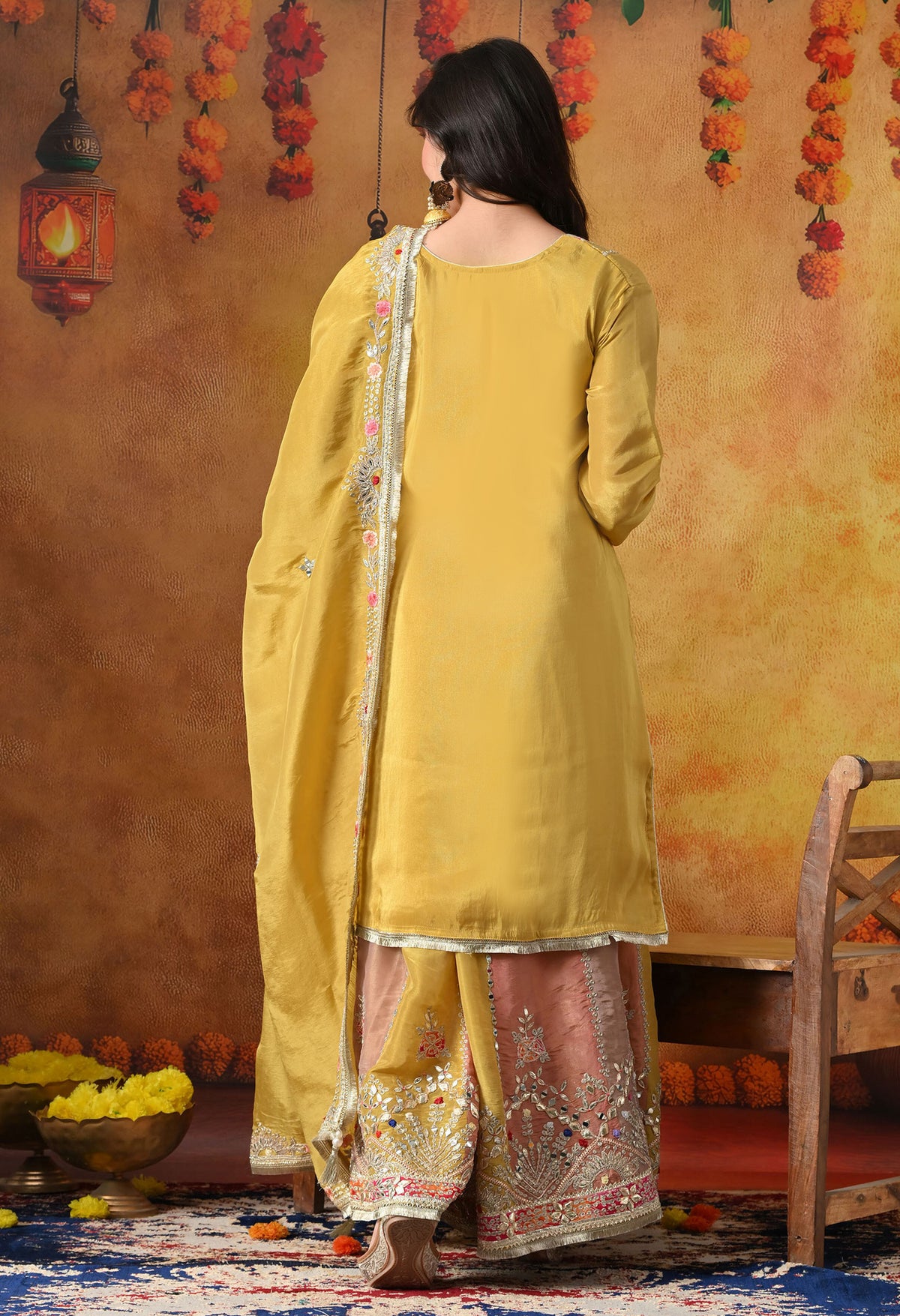 Yellow Tissue Crepe Sharara Set with Multicolour Sharara & Matching Dupatta
