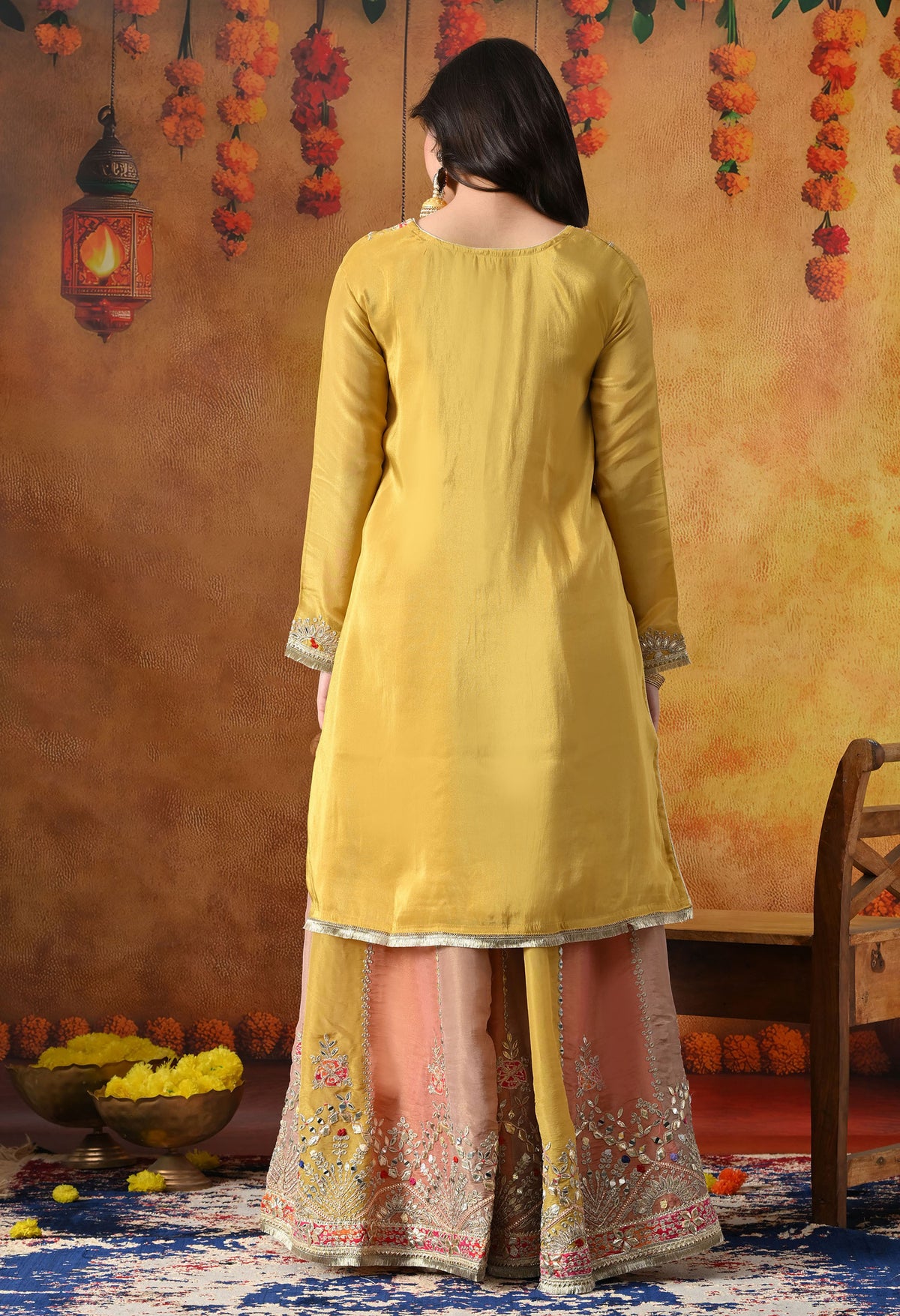Yellow Tissue Crepe Sharara Set with Multicolour Sharara & Matching Dupatta