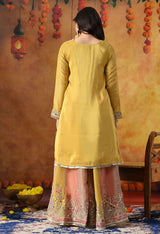 Yellow Tissue Crepe Sharara Set with Multicolour Sharara & Matching Dupatta