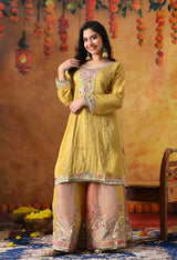 Yellow Tissue Crepe Sharara Set with Multicolour Sharara & Matching Dupatta