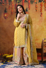 Yellow Tissue Crepe Sharara Set with Multicolour Sharara & Matching Dupatta