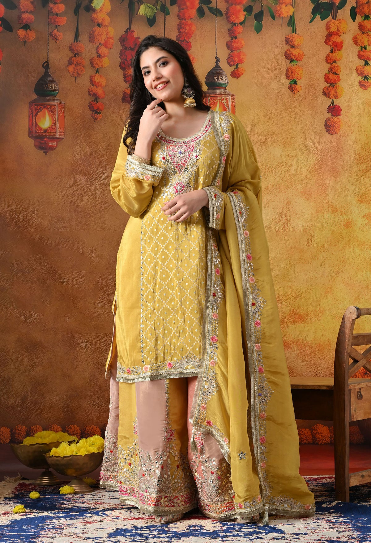 Yellow Tissue Crepe Sharara Set with Multicolour Sharara & Matching Dupatta