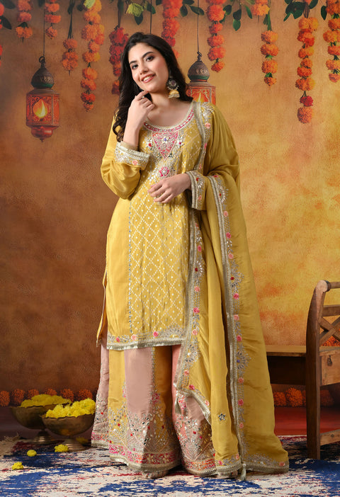 Yellow Tissue Crepe Sharara Set with Multicolour Sharara & Matching Dupatta