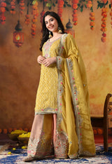 Yellow Tissue Crepe Sharara Set with Multicolour Sharara & Matching Dupatta