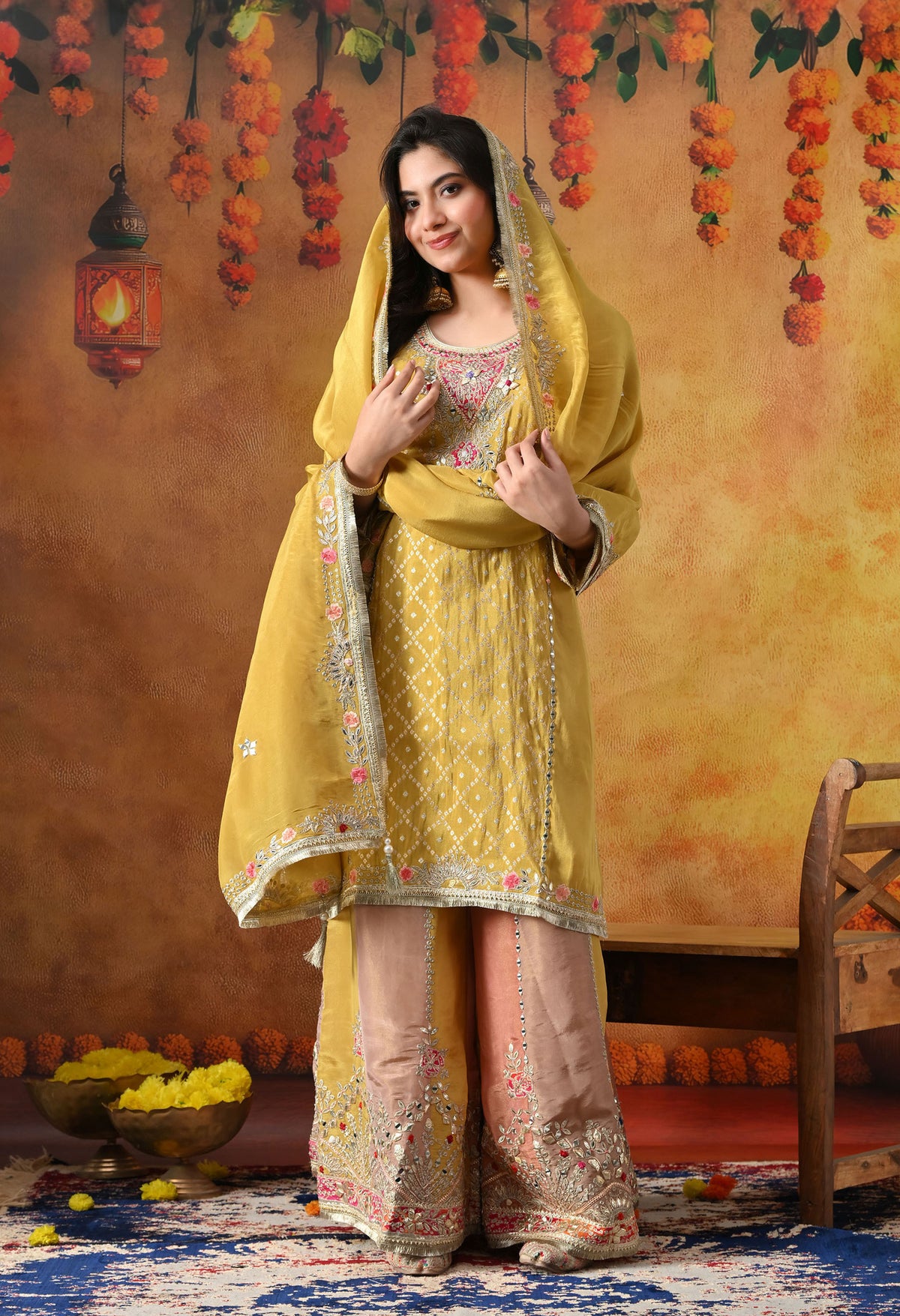 Yellow Tissue Crepe Sharara Set with Multicolour Sharara & Matching Dupatta