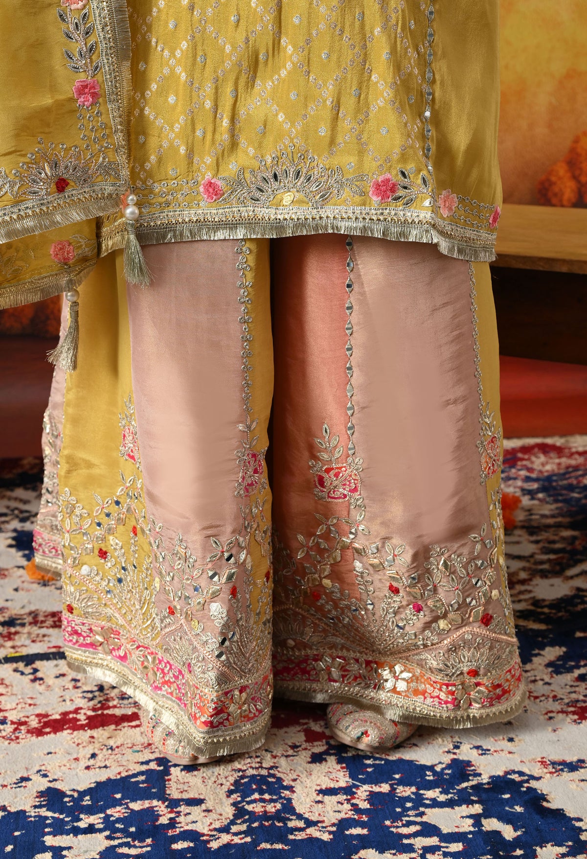 Yellow Tissue Crepe Sharara Set with Multicolour Sharara & Matching Dupatta