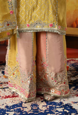 Yellow Tissue Crepe Sharara Set with Multicolour Sharara & Matching Dupatta
