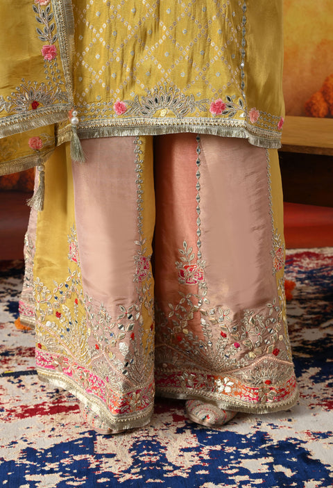 Yellow Tissue Crepe Sharara Set with Multicolour Sharara & Matching Dupatta