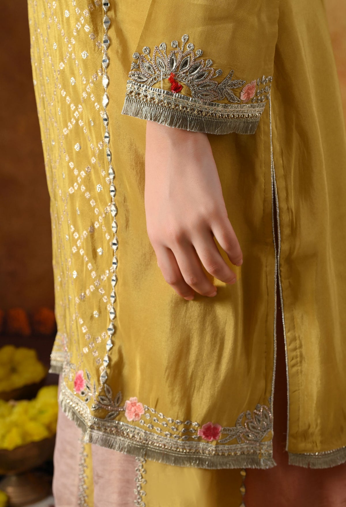 Yellow Tissue Crepe Sharara Set with Multicolour Sharara & Matching Dupatta