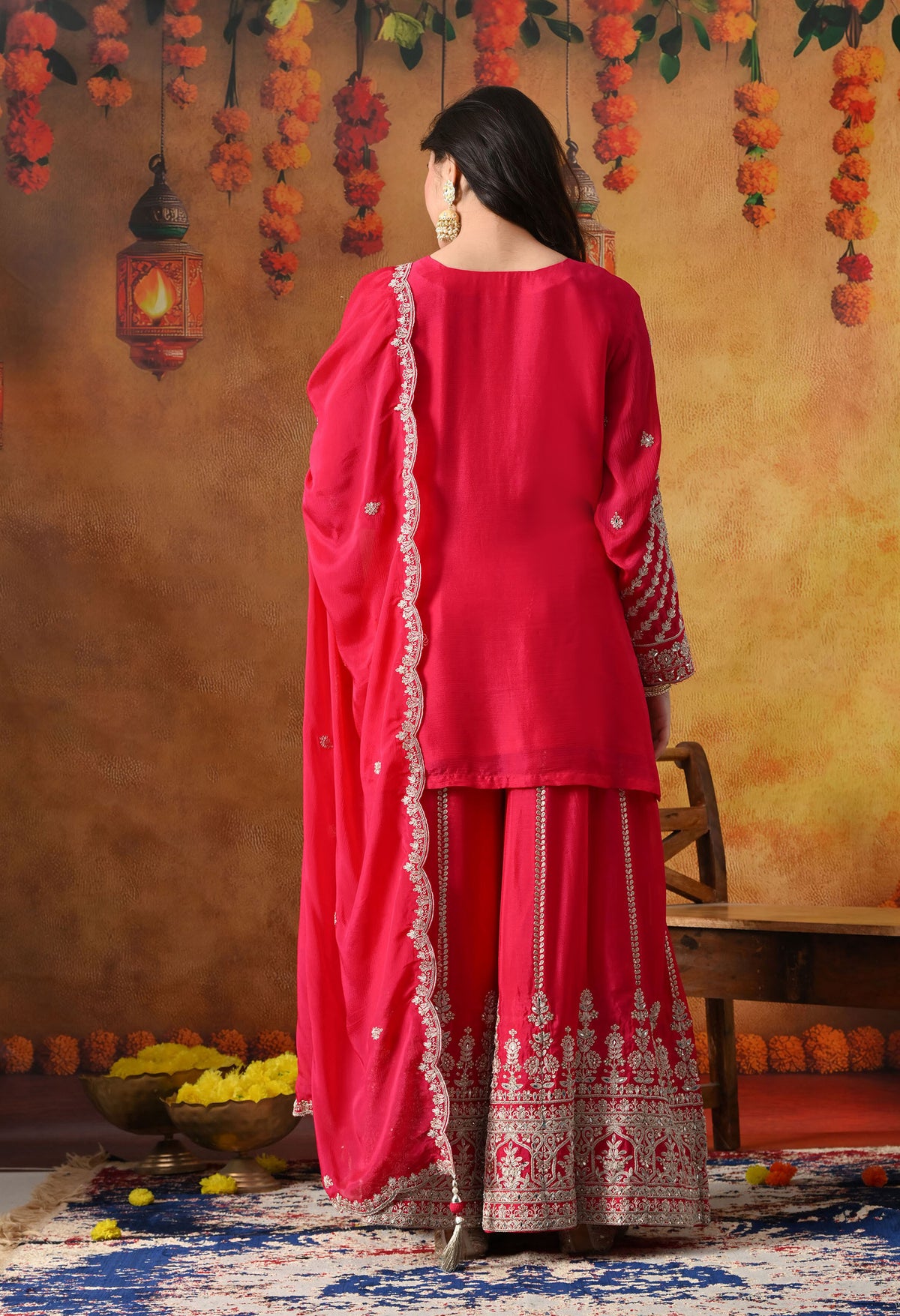 Hot Pink Chinon Sharara Set with Matching Dupatta