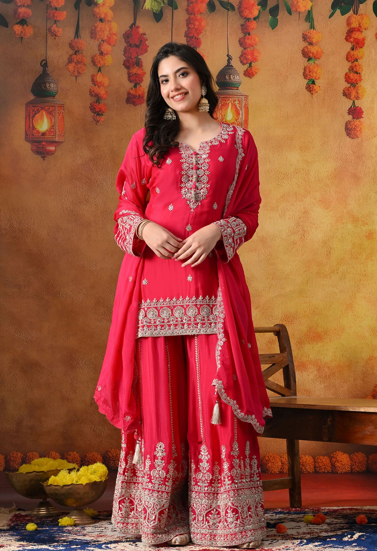 Hot Pink Chinon Sharara Set with Matching Dupatta