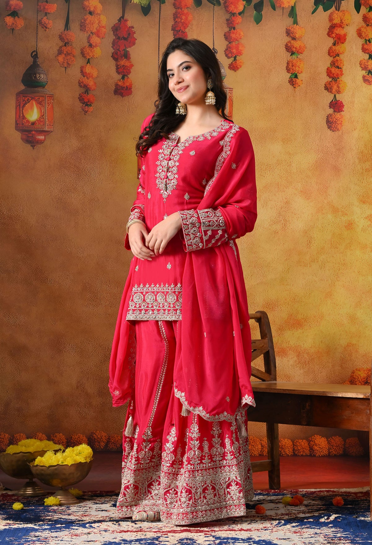 Hot Pink Chinon Sharara Set with Matching Dupatta