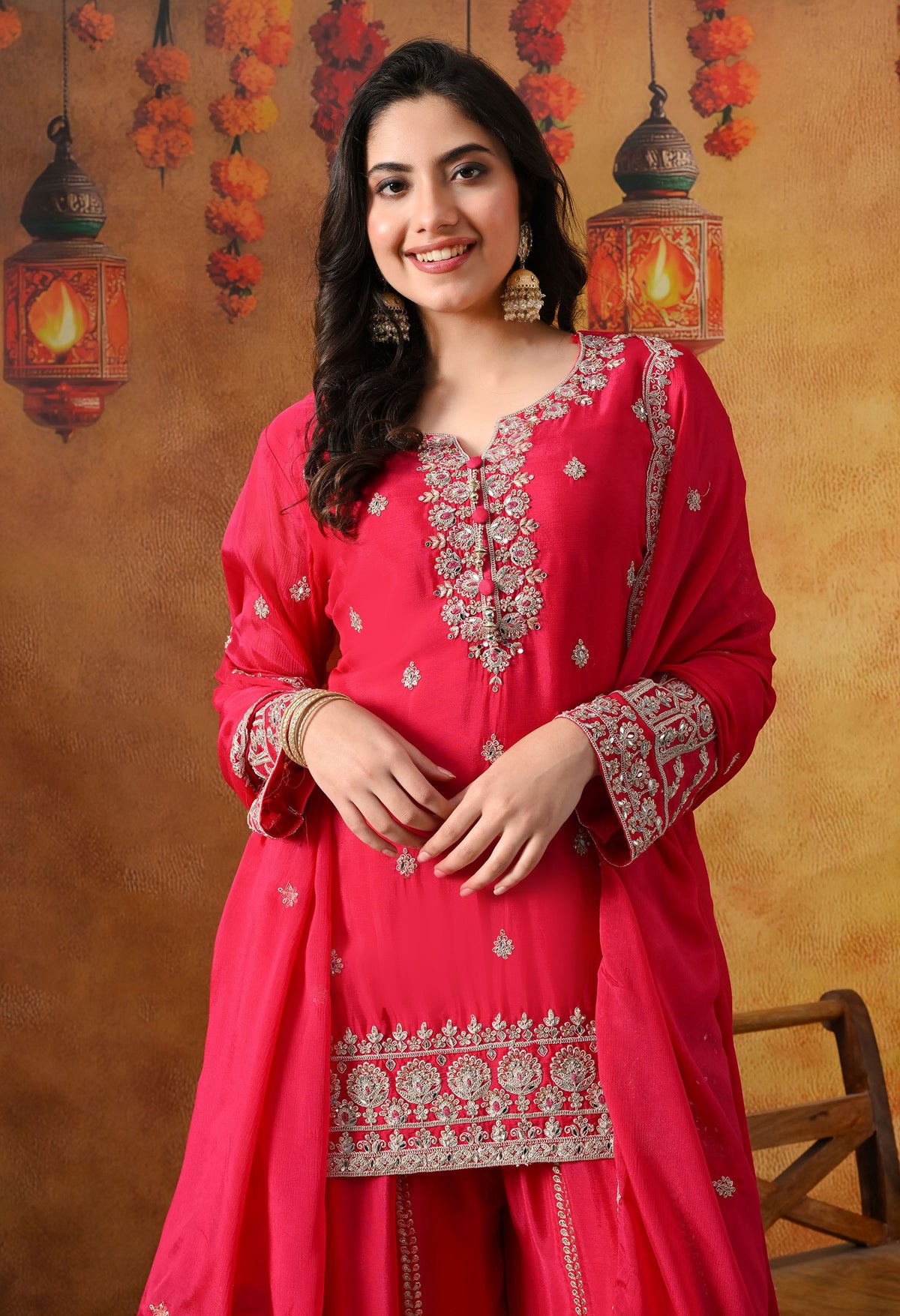 Hot Pink Chinon Sharara Set with Matching Dupatta