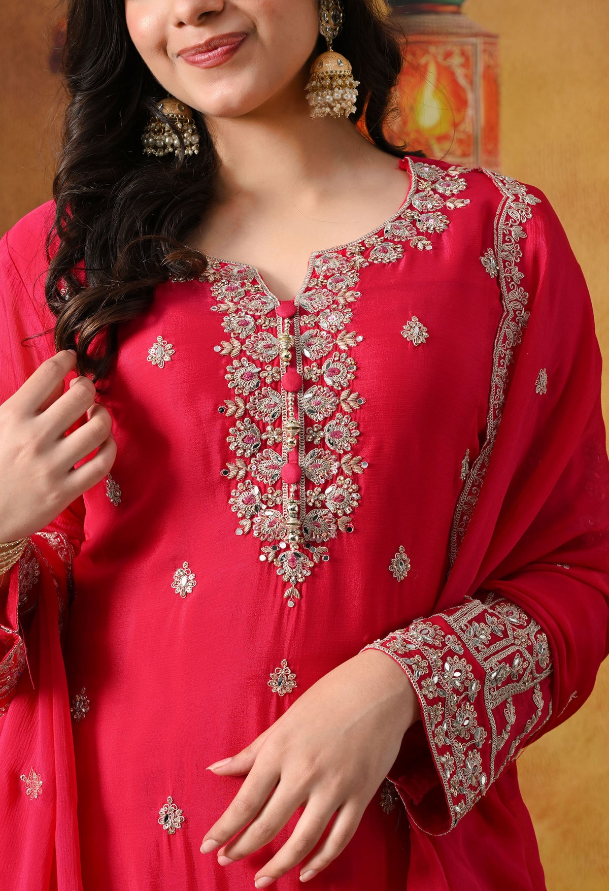 Hot Pink Chinon Sharara Set with Matching Dupatta