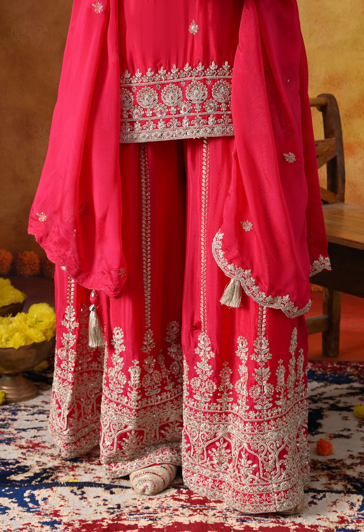 Hot Pink Chinon Sharara Set with Matching Dupatta