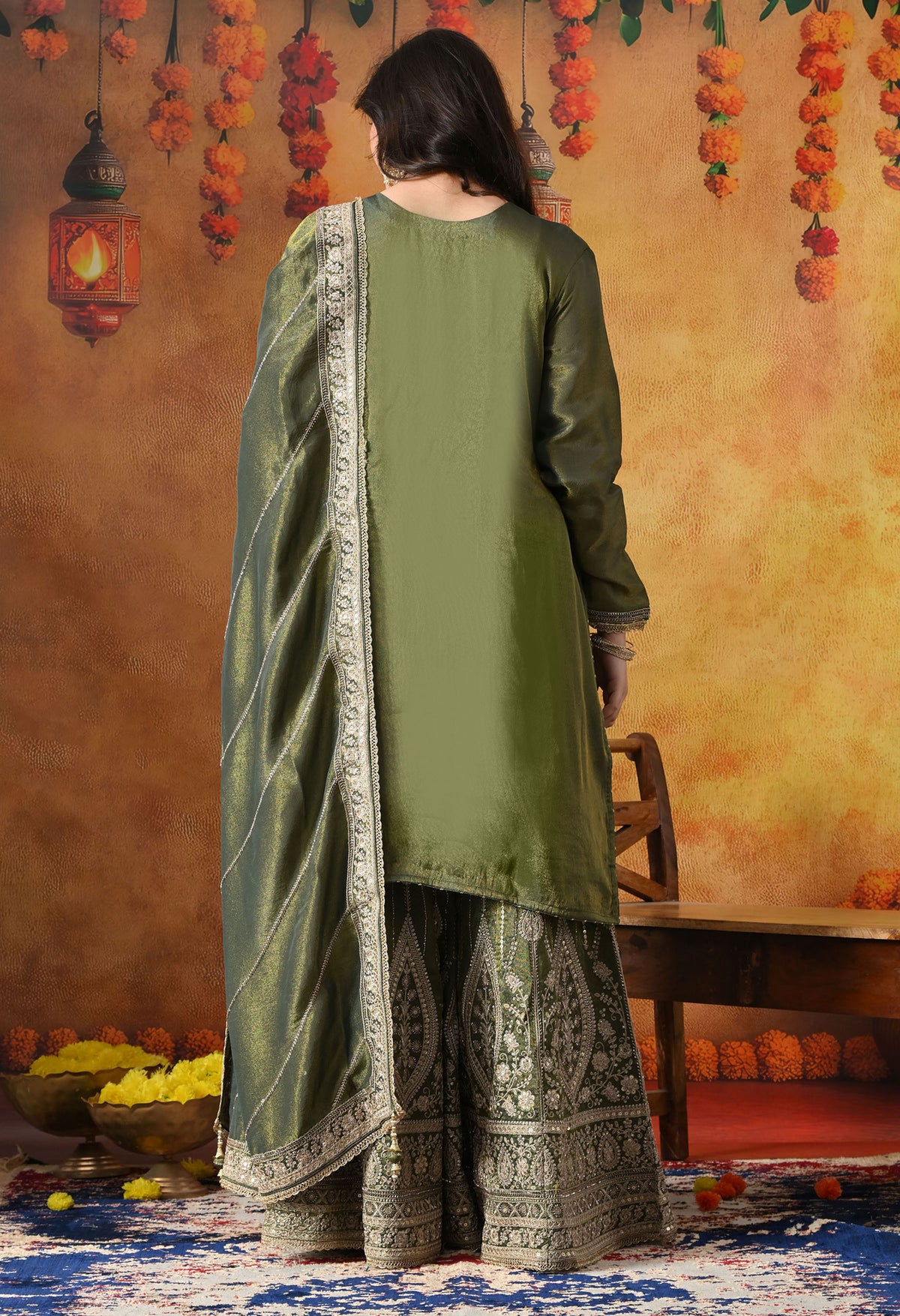 Mehndi Green Tissue Crepe Gharara Set with Matching Dupatta