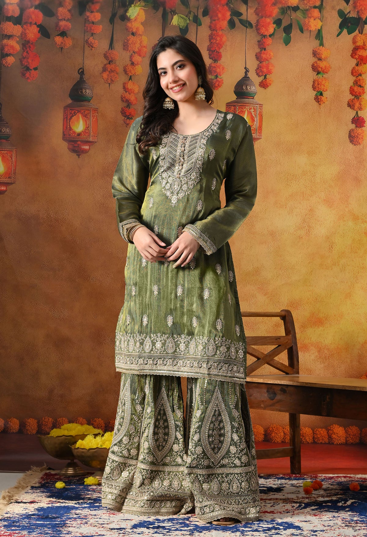 Mehndi Green Tissue Crepe Gharara Set with Matching Dupatta
