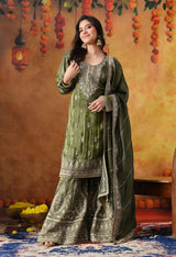 Mehndi Green Tissue Crepe Gharara Set with Matching Dupatta