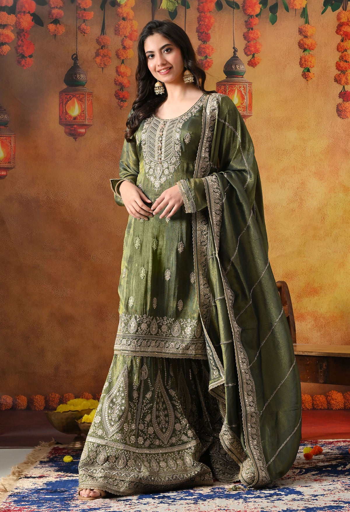 Mehndi Green Tissue Crepe Gharara Set with Matching Dupatta