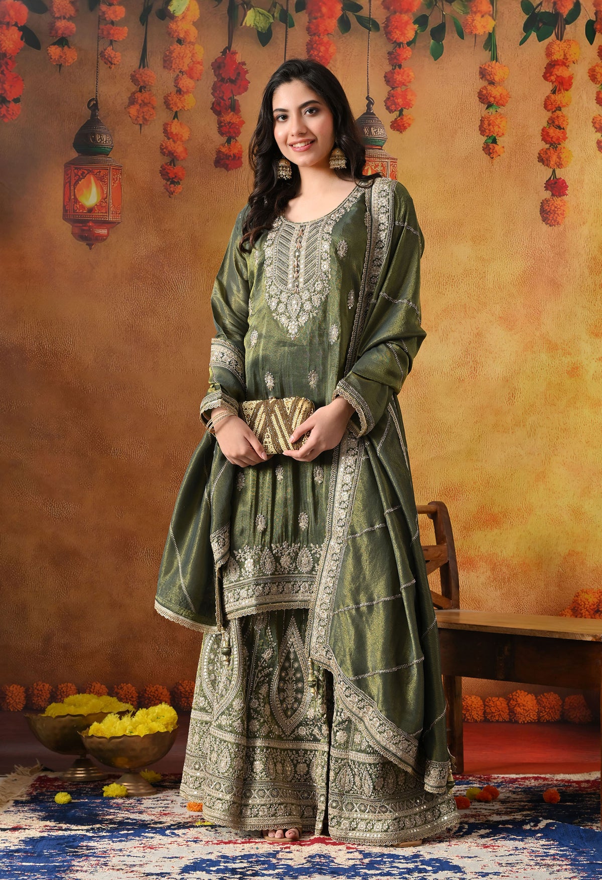 Mehndi Green Tissue Crepe Gharara Set with Matching Dupatta