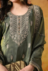 Mehndi Green Tissue Crepe Gharara Set with Matching Dupatta