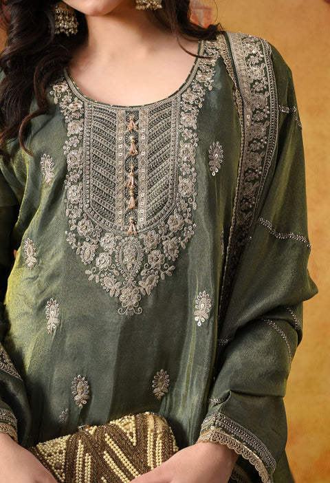 Mehndi Green Tissue Crepe Gharara Set with Matching Dupatta