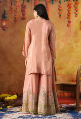 Peach Tissue Crepe Sharara Set with Green Banarasi Silk Dupatta