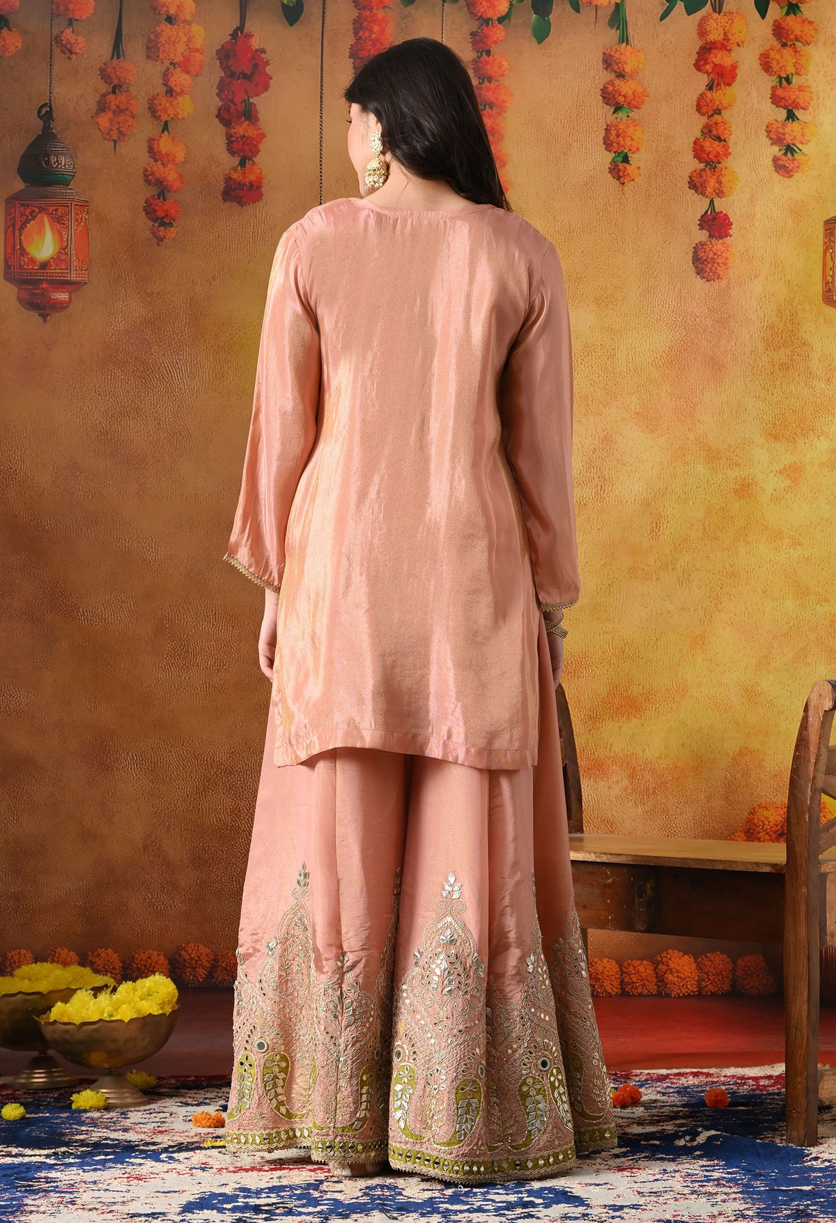 Peach Tissue Crepe Sharara Set with Green Banarasi Silk Dupatta