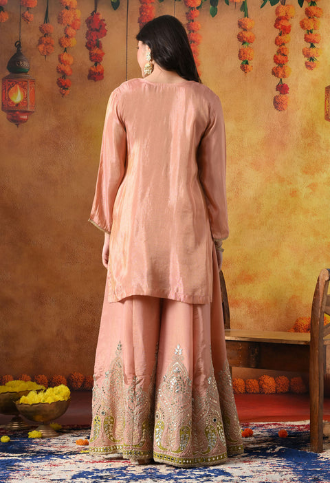 Peach Tissue Crepe Sharara Set with Green Banarasi Silk Dupatta
