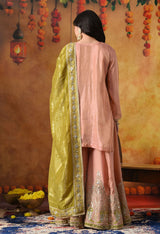 Peach Tissue Crepe Sharara Set with Green Banarasi Silk Dupatta